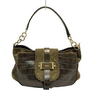 Auth FURLA - Black Khaki Leather Shoulder Bag